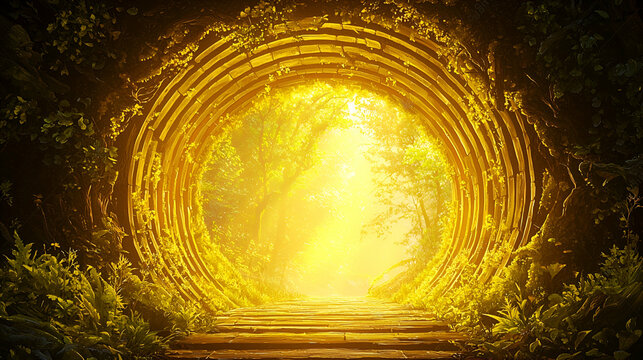 Golden bamboo tunnel leading to sunlit forest