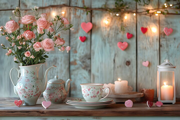 Vintage Tea Room with Pink Roses and Hearts - Generative AI