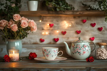 Vintage Tea Room with Pink Roses and Hearts - Generative AI