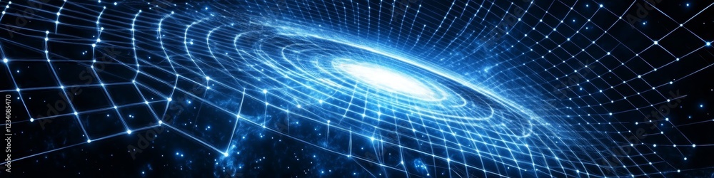 Poster abstract flowing grid with interconnected nodes, dynamic network in bright blue, futuristic design