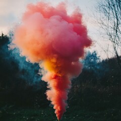 Naklejka premium Vibrant orange, pink, and yellow smoke cloud against a natural outdoor backdrop with trees