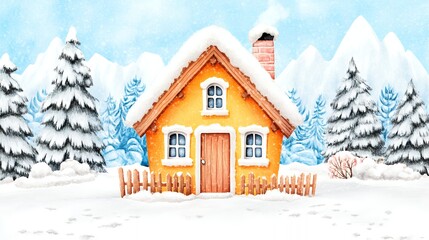 Charming Yellow Snow Covered Cottage in Snowy Mountain Landscape