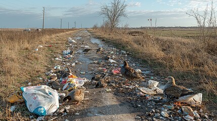 Garbage Littered Pathway with Ducks Amidst Waste and Debris in a Natural Setting