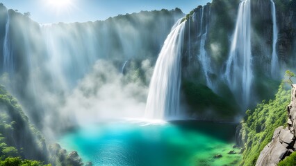 Fototapeta premium Stunning panoramic view of a majestic waterfall cascading into a vibrant turquoise pool, surrounded by lush green foliage and sunlit mist.