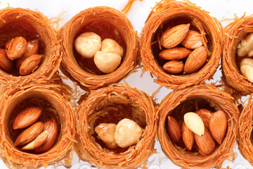 Sweet food Turkish delight, traditional food, bird's nest with honey and nut