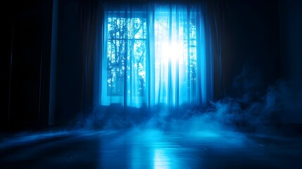 Blue Light Illuminates Dark Room with Fog