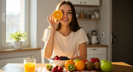 A young woman holds a sliced orange to her eye with a variety of fruit on a table