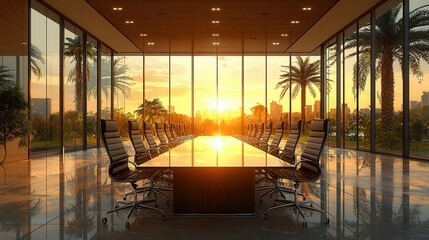 Remote teams thrive with cloud-based tools in their virtual office. Modern conference room with sunset view and palm trees outside.