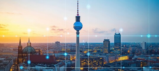 Berlin TV Tower With Futuristic Network Connections And Cityscape At Sunset, Germany.