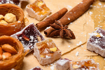 Sweet food Turkish delight on wooden background, assorted locum and candy for decorated backdrop