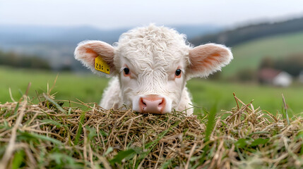 White calf in hay, rural farm, hills background, livestock agriculture