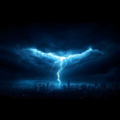 Fototapeta premium Blue Lightning Strikes City Nightscape