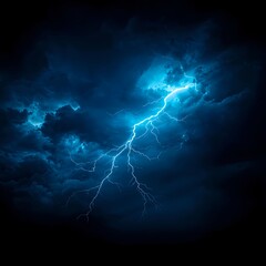 Blue Lightning Strike Through Dark Storm Clouds at Night