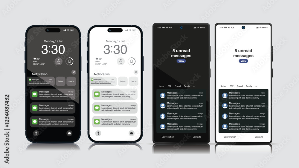 Poster high-quality 3d smartphone mockup with push notification, sms, and email – realistic front view of m