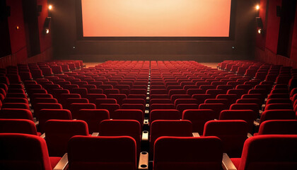 Fototapeta premium Rows of red theater seats stretch into the distance, evoking anticipation and cinematic charm.