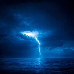 Blue Lightning Strikes Dark Ocean at Night