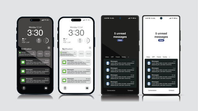 High-Quality 3D Smartphone Mockup with Push Notification, SMS, and Email – Realistic Front View of Mobile App Display.Vector.