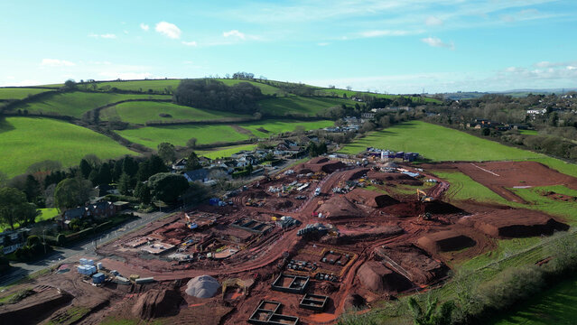 Paignton, Torbay, South Devon, England: DRONE VIEWS: A house construction site alongside the main Totnes Road (A385). Paignton is undergoing major residential and commercial property development (25).