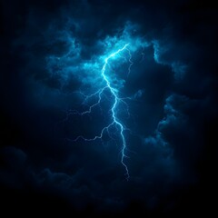 Blue Lightning Strikes Dark Storm Clouds at Night