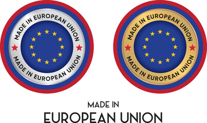 Made in European Union. Premium labels, stickers, pointer, badge and symbol of European Union flag icon. Collection vector illustration