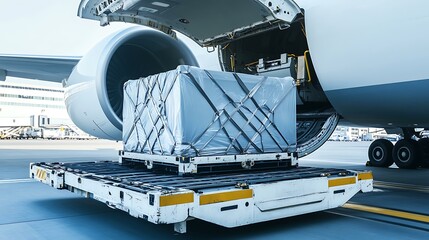 A professional image of a cargo container being maneuvered into the belly of an airplane, illustrating the air freight process, isolated on a white background