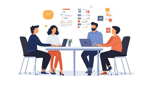 A professional scenario where a manager assigns tasks to employees, using a task list, with people collaborating around a table, set against a white background