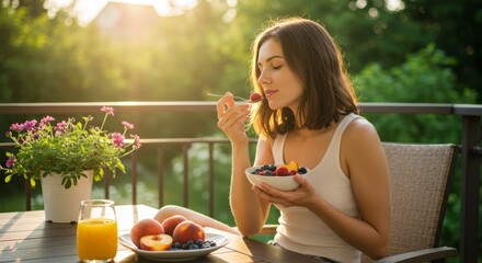 Woman enjoys a healthy breakfast of mixed fruits on a sunny outdoor terrace