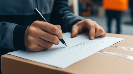 A shot of a person signing a package delivery receipt with a ballpoint pen, capturing the moment of acknowledgment, isolated on a white background