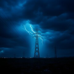Blue Night Lightning Storm Over Power Tower