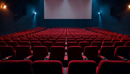 Fototapeta premium Rows of red theater seats stretch into the distance, evoking anticipation and cinematic charm.