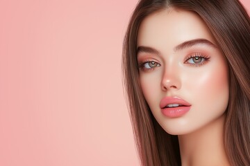 Fototapeta premium Close-up of a beautiful woman with flawless skin on a soft pink background.