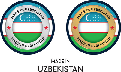 Made in Uzbekistan. Premium labels, stickers, pointer, badge and symbol of Uzbekistan flag icon. Collection vector illustration