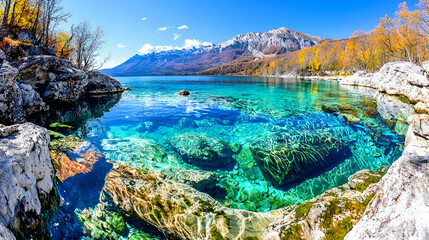 Crystal-clear lake, autumn leaves, mountain backdrop, travel destination