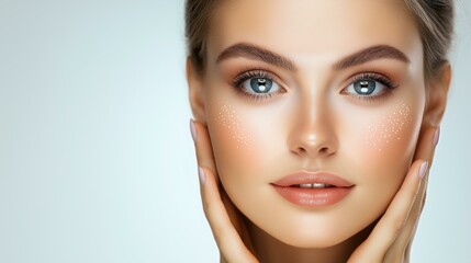 Portrait of a beautiful woman showcasing flawless skin and captivating blue eyes.