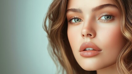 Naklejka premium Close-up portrait of a young woman with beautiful features and soft makeup.