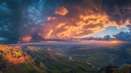 Majestic valley panorama with dramatic sunset sky and winding river below golden hour