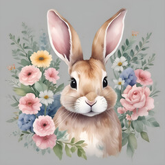 Brown rabbit with flowers. Spring illustration in watercolor style