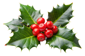 close up of holly leaves with red berries on a transparent