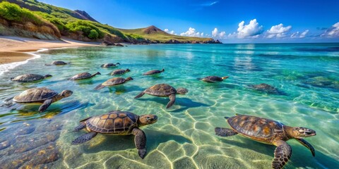 Fototapeta premium Sea Turtles Swimming in Crystal Clear Tropical Waters Under Blue Sky