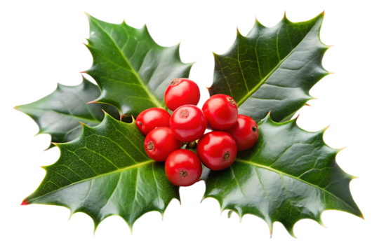 close up of holly leaves with red berries on a transparent