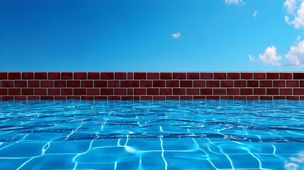 Naklejka premium Blue Pool with Red Brick Wall Under Sunny Sky