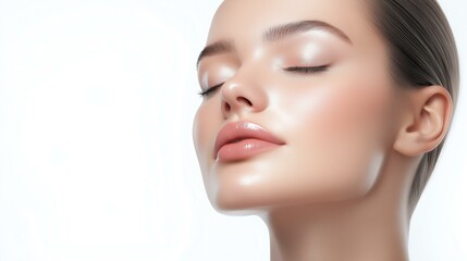 A close-up portrait of a serene woman with glowing skin and natural beauty.