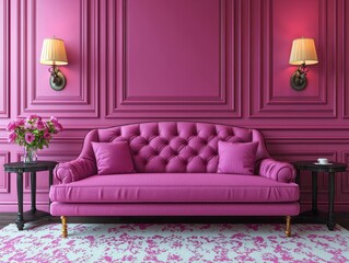A stylish pink living room featuring a tufted sofa and elegant decor.