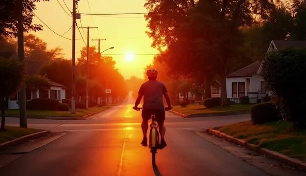 A cyclist on a yellow bicycle rides slowly down a quiet suburban street at sunset. Warm golden light casts long shadows, while trees sway gently in the breeze, creating a peaceful atmosphere.