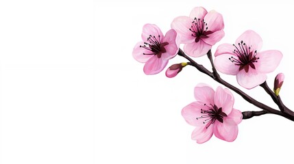 Delicate Pink Cherry Blossoms on Branch Against White Background