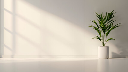 A potted plant sitting on a white floor next to a window