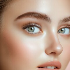 Fototapeta premium A close-up portrait of a young woman with stunning green eyes and glowing skin.