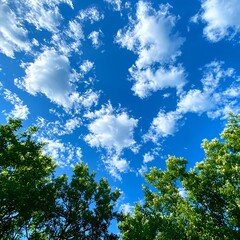 Obraz premium Blue Sky with Fluffy White Clouds and Green Treetops