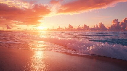 Fototapeta premium Warm sunset colors painting the beach and ocean waves with orange and pink hues at dusk