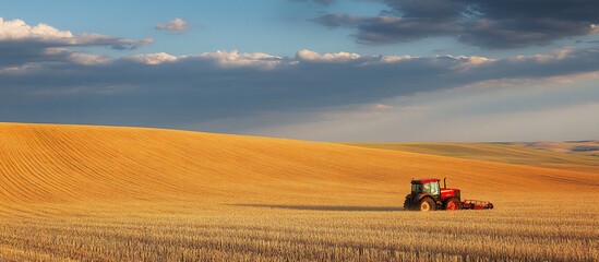 Fototapeta premium Tranquil agricultural landscape with a red tractor working in golden fields under a blue sky